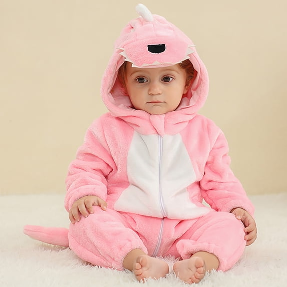 CUZIBR Toddler Romper Boy Girl Dinosaur Themed Fuzzy Long Sleeve Onesies Zip Up Hooded Jumpsuit Cute Fall Winter Clothes,Pink,4-5 Years