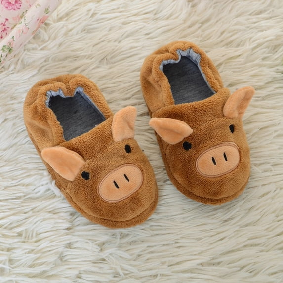 CUZIBR Toddler Slippers Boys Girls Cute Pig Animal Fuzzy House Slippers Close Back Warm Winter Soft Indoor Footwear,Coffee,2-3 Years