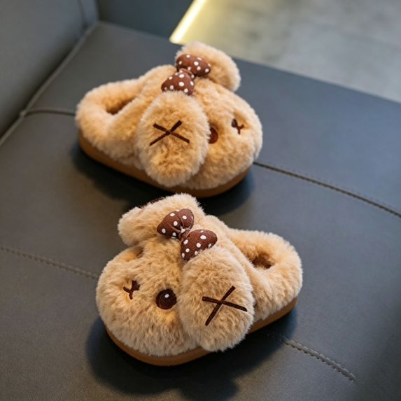 CUZIBR Toddler Slippers For Girls Cute Rabbit Animal Fuzzy House Slippers Close Toe Warm Winter Soft Bedroom Footwear,Khaki,4.5-5 Years