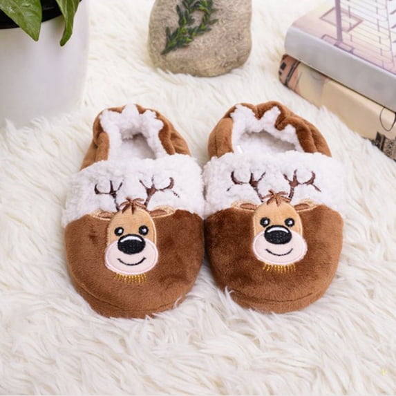 CUZIBR Toddler Slippers Girls Boys Cute Reindeer Pattern Animal Fuzzy House Slippers Close Back Warm Winter Soft Indoor Footwear,Brown,3-3.5 Years