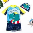 thumbnail image 1 of CUZIBR Toddler Swimsuit Boys Cartoon Dinosaur Printed Two Piece Swimwear Patchwork Short Sleeve Onesize Jumpsuit With Hat Outfits Popular Swimsuit,Yellow,9-10 Years, 1 of 9