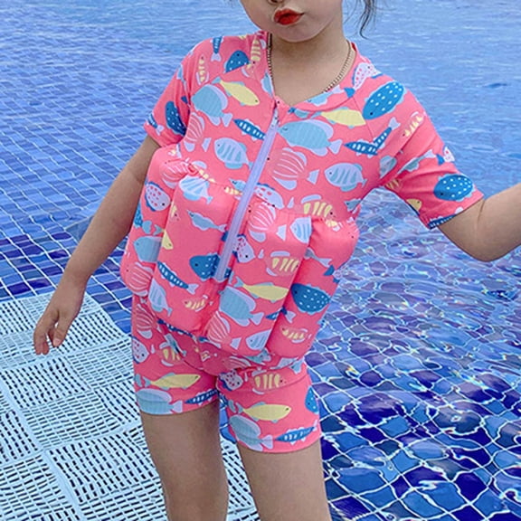 CUZIBR Toddler Swimsuit Fashionable Cartoon Print Floatation Style Bathing Suit Short Sleeve Zipper Up One Piece Float Suit Popular Swimsuit,Pink,4-5 Years