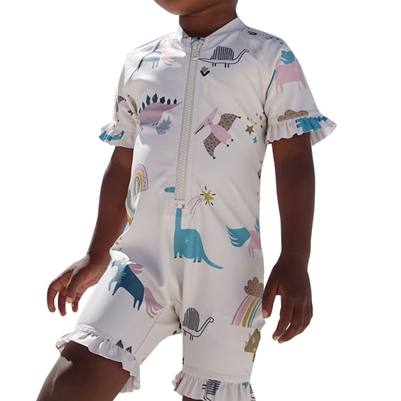 CUZIBR Toddler Swimsuit Floral Printed Full Zipper Up Short Sleeved Swim Wear Onesie Shorts Comfortable Beach Swimwear,D,4-5 Years