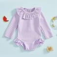 thumbnail image 1 of CUZIBR Toddler Swimsuit One Piece Swimsuit Rash Guard Stripe Pritn Long Sleeve Onesize Bikini Beachwear Ruffled Round Neck Popular Swimsuit,Purple,4-5 Years, 1 of 4
