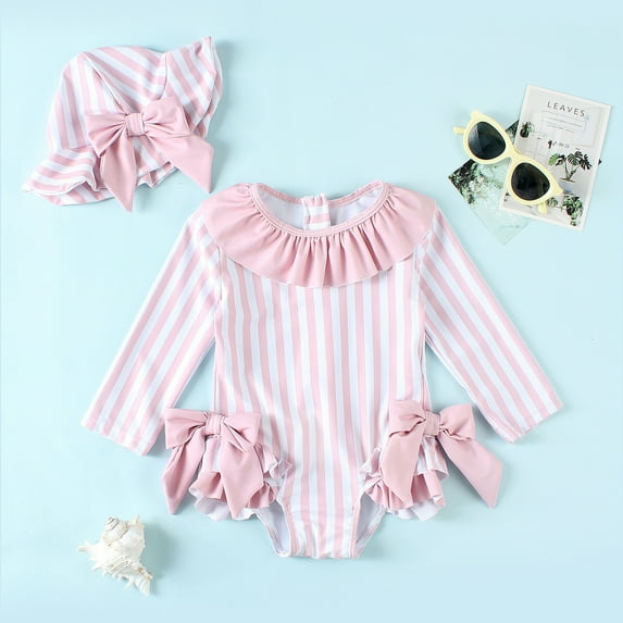 CUZIBR Toddler Swimsuit Rash Guard Swim Long Sleeve Cartoon Print Striped Ruffled Patchwork Zipper Up Round Neck Bodysuit With Cute Hat Beach Swimwear,Pink,18-24 Months