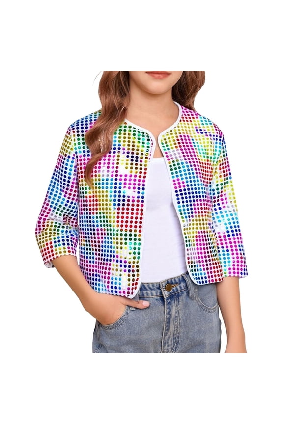 Toddler Tops Sequins Top Shiny Sparkly Long Sleeve Open Front Cardigan Coats Carnival Cheerleader Stage Performance Jacket Fitted Blouse,Multicolour,18-24 Months