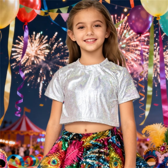 CUZIBR Toddler Tops Shine Sequins Shirts Crop Top Short Sleeve Round Neck Carnival Performance Glitter Sequin Stretch Tee Dancewear Cute Trendy Tops ,Silver,16-17 Years