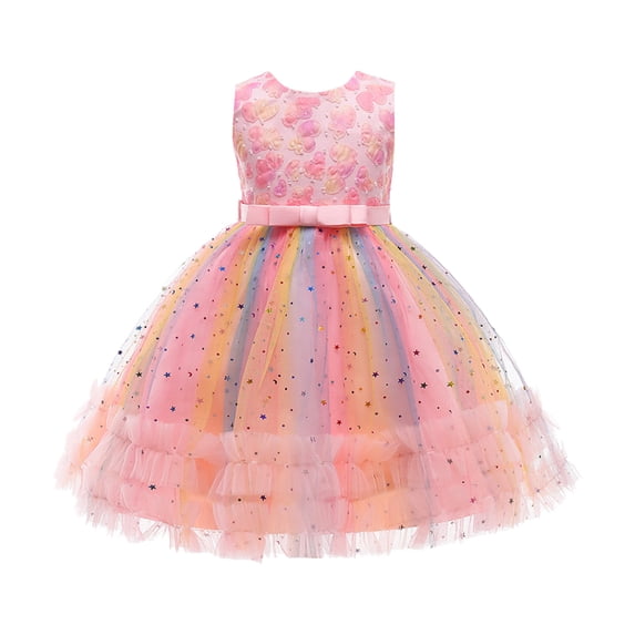 CUZIBR Trendy Toddler Girls Tutu Dresses Sleeveless Round Neck Rainbow Color Sequins Mesh A-Line Pleated Ruffled Tiered Layered Dress Casual Lace Summer Cozy Party Birthday Gowns,Pink,8-9 Years