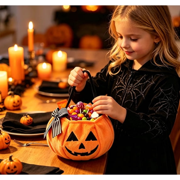 CUZIBR Trick Or Treat Bags For Kids Halloween Baskets Pumpkin Bow Halloween Candy Bags With Handle Plush Large Capacity Party Favors,Orange