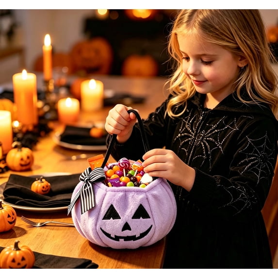 CUZIBR Trick Or Treat Bags For Kids Halloween Baskets Pumpkin Bow Halloween Candy Bags With Handle Plush Large Capacity Party Favors,Purple