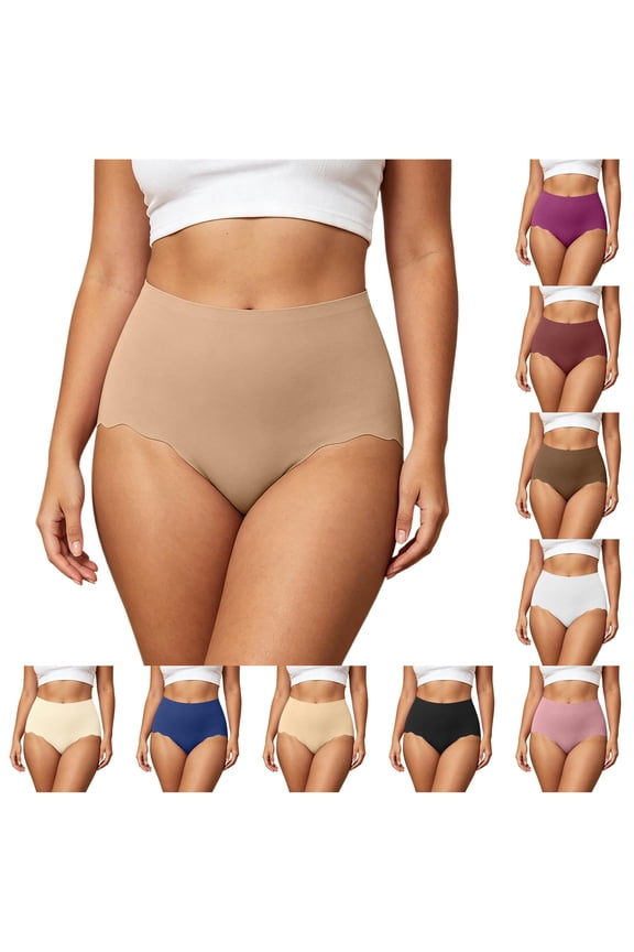 Underwear For Women Seamless High Waist Plus Size No Show Full Coverage Support Panties Wave Edge Smooth Comfort Control Breathable Relaxed Briefs,Khaki,XS-XXL