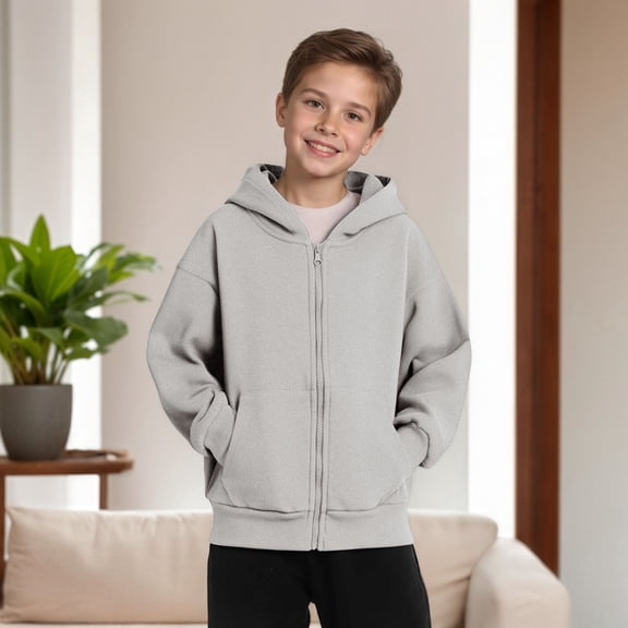 CUZIBR Unisex Girls Boys Winter Jacket Long Sleeve Thicken Fuzzy Wool Hooded Sweatshirt Full Zipper Up Casual Pullover Cozy Coat For Big Kids Teens Youth Soft Warm Hoodies Dailywear,Grey,9-10 Years
