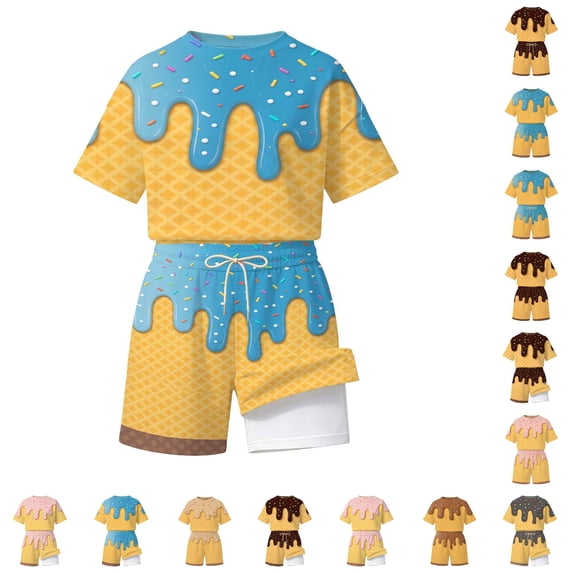CUZIBR Vacation Outfits For Girls Kids Summer Beach Clothes Sets Short Sleeve Ice Theme Pattern Graphic Crewneck Tee Shirts And Wide Leg Shorts Comfort Beachwear Sets,Light Blue-D,11-12 Years