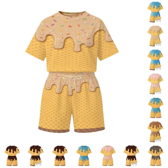CUZIBR Vacation Outfits For Girls Kids Summer Beach Clothes Sets Short Sleeve Ice Theme Pattern Graphic Crewneck Tee Shirts And Wide Leg Shorts Lightweight Comfort Beachwear Sets,Khaki-B,3-4 Years