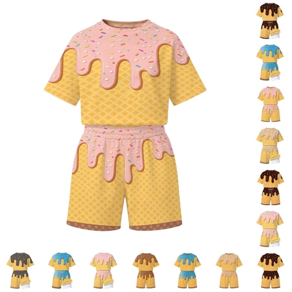 CUZIBR Vacation Outfits For Girls Kids Summer Beach Clothes Sets Short Sleeve Ice Theme Pattern Graphic Crewneck Tee Shirts And Wide Leg Shorts Lightweight Comfort Beachwear Sets,Pink-A,13-14 Years