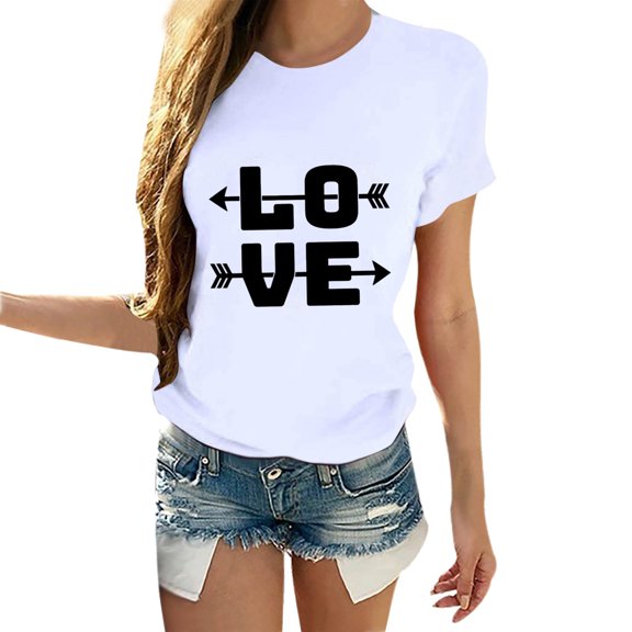 CUZIBR Valentine Day Shirts For Couples Womens Short Sleeve Love Letter Print Blouse Casual Crewneck Trendy Comfort Sodt T Shirts Tops Basic Fashion Dressy Clothes,White,M