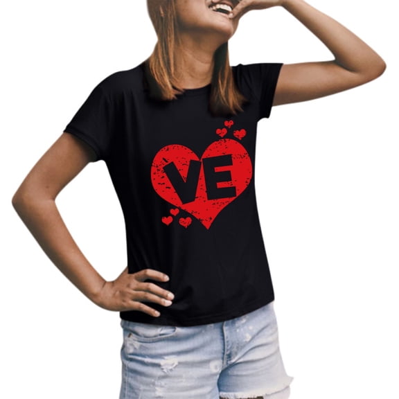 CUZIBR Valentine Day Shirts For Couples Womens Short Sleeve Love Letter Print Blouse Casual Crewneck Trendy Comfort Sodt T Shirts Tops Basic Fashion Dressy Clothes,Black,M