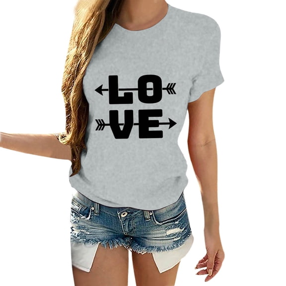 CUZIBR Valentine Day Shirts For Couples Womens Short Sleeve Love Letter Print Blouse Casual Crewneck Trendy Comfort Sodt T Shirts Tops Dailywear,Grey,L