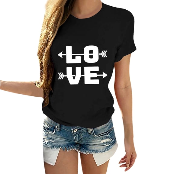 CUZIBR Valentine Day Shirts For Couples Womens Short Sleeve Love Letter Print Blouse Casual Crewneck Trendy Comfort Sodt T Shirts Tops Vacation Trendy,Black,M