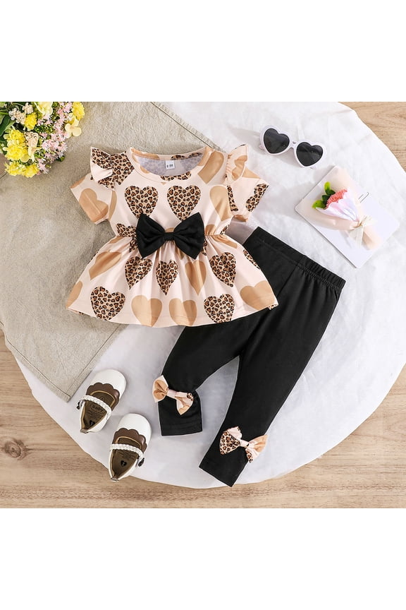 Valentine'S Day Outfit For Baby Girls Heart Leopard Print Bow Elastic Waist Short Sleeve O-Neck Top Shirt Wide Leg Pants Summer Two Piece able Clothes Vacation Dailywear,Khaki,6-9 Months