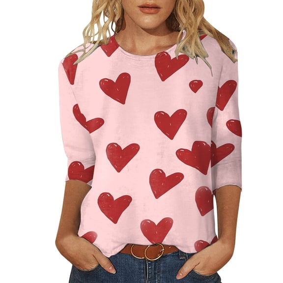 CUZIBR Valentines Day T Shirt For Womens Full Love Heart Graphic Print Three Quarter Sleeve T-Shirt Breathable Soft Tee Tops Stylish Basic Fashion Dressy Clothes,Red,XXL