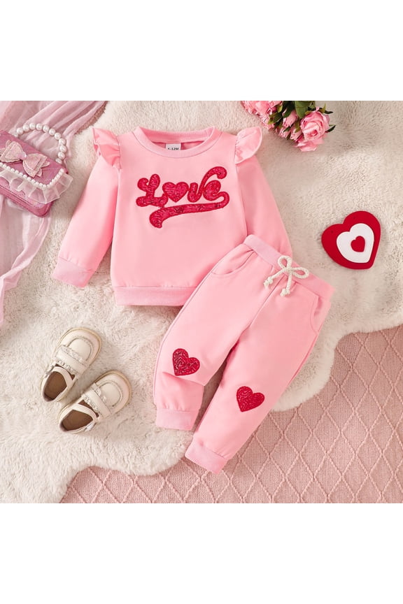 Valentines Toddler Girls Tracksuit Ruffles Long Sleeve Love Letter Sequin Embroidery Crewneck Sweatshirt Pullover Tops Elastic Waist Pants Sweatsuits Outfits Fashion Streetwear,Red,6-12 Months