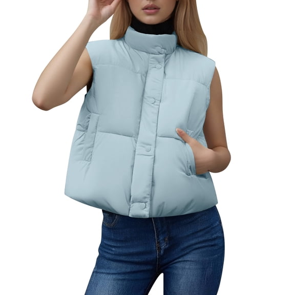 CUZIBR Vest For Women Short Quilted Padded Vest Solid Color Sleeveless Stand Collar Button Down Jacket Thick Warm Cozy Casual Stylish Outwear Winter Clothing Dressy Casual Soft,Blue,M