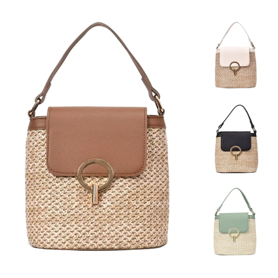 CUZIBR Vintage Hollow Straw Small Bucket Purse Contrast Hardware Detachable Shoulder Strap Lightweight Woven Crossbody Bag For Women Travel Picnic Weekend Daily Accessory