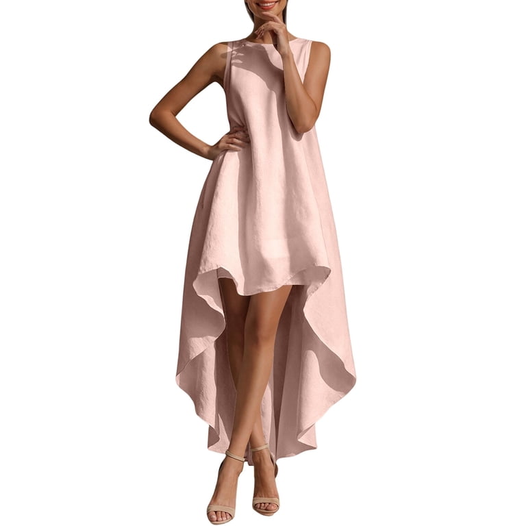 graduation guest dress women Cuzibr Wedding Dresses For Solid Color Sleeveless Crewneck A-Line Ruched Ruffles High-Low Casual Irregular Slim Fit bucket:Champagne
