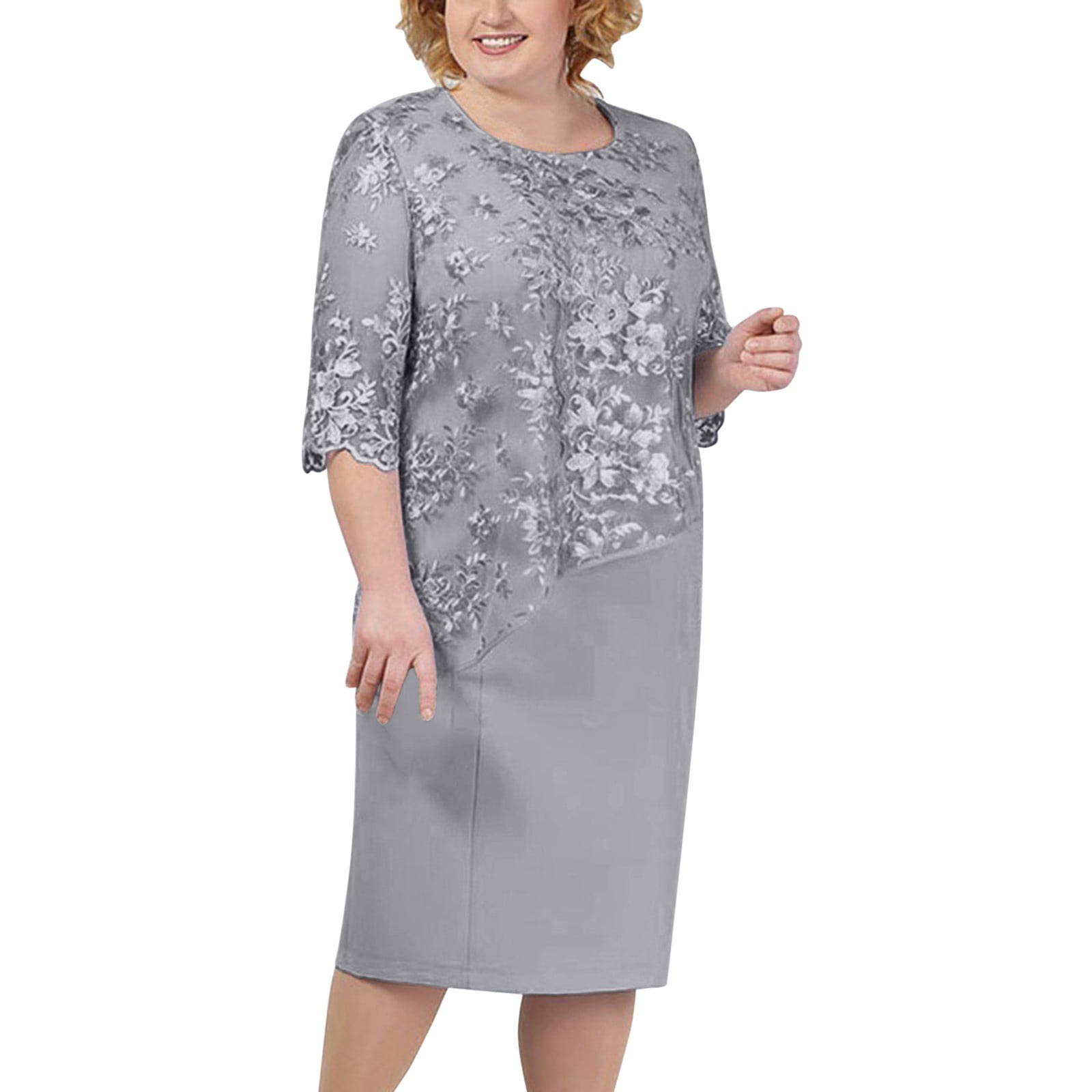 summer wedding guest dresses for mature ladies CUZIBR Wedding Guest Dresses For Women Three Quarter Sleeve Lace Floral  Embroidery Crewneck Loose Fit Mid-Calf Dress Summer Fashionable Lightweight  Formal Evening Party Midi Gowns,Grey,XXXXL