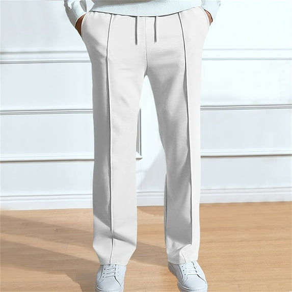 CUZIBR Wens Sweatpants Fashion Baggy Drawstring Elastic Waist Casual Solid Color Loose Relaxed Rope Straight Trousers Athletic Joggers With Pockets Running Sweat Pants,White,XXL