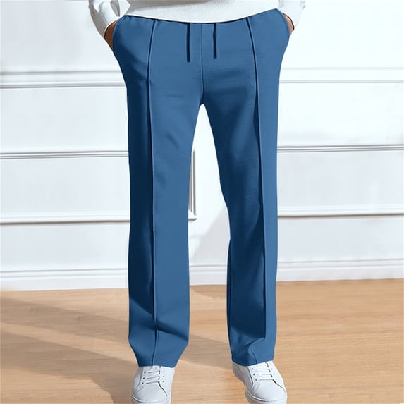CUZIBR Wens Sweatpants Fashion Baggy Drawstring Elastic Waist Casual Solid Color Loose Relaxed Rope Straight Trousers Athletic Joggers With Pockets Running Sweat Pants,Blue,M