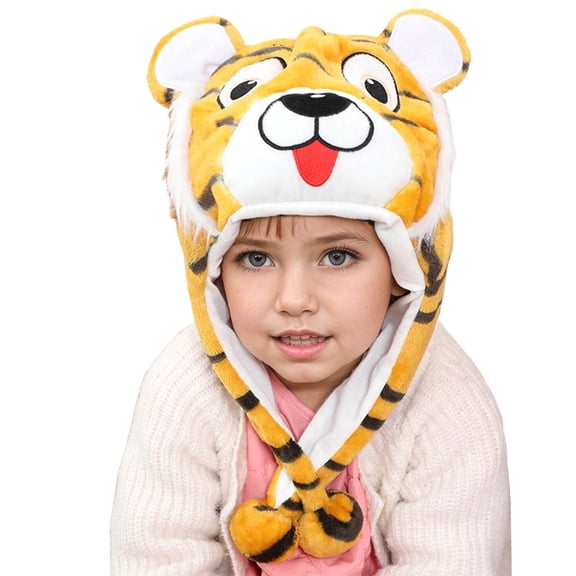 CUZIBR Winter Beanie Hat Set Kids Fuzzy Thick Thermal Cute Animal Character Hats With Ear Flaps Cozy Soft Ski Headwear Funny Gift For Children,Orange,One Size
