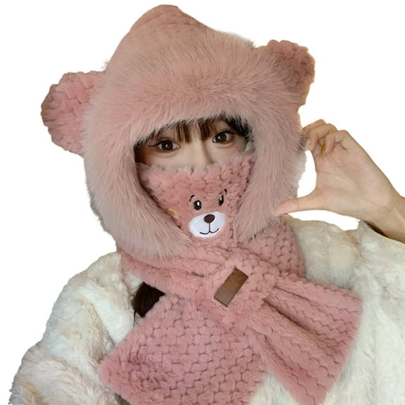 CUZIBR Winter Beanie Hat Set Plush Thermal Lovely Animal Pattern Character Skull Caps With Mask Scarf Earflap Soft Festival Fuzzy Cute Long Ears Hat,Light Pink1,One Size