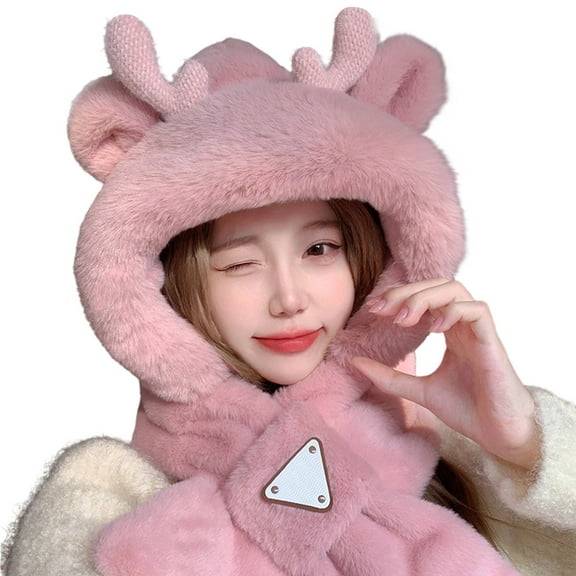 CUZIBR Winter Beanie Hat Set Plush Thermal Lovely Animal Pattern Character Skull Caps With Mask Scarf Earflap Soft Festival Fuzzy Cute Long Ears Hat,Light Pink2,One Size