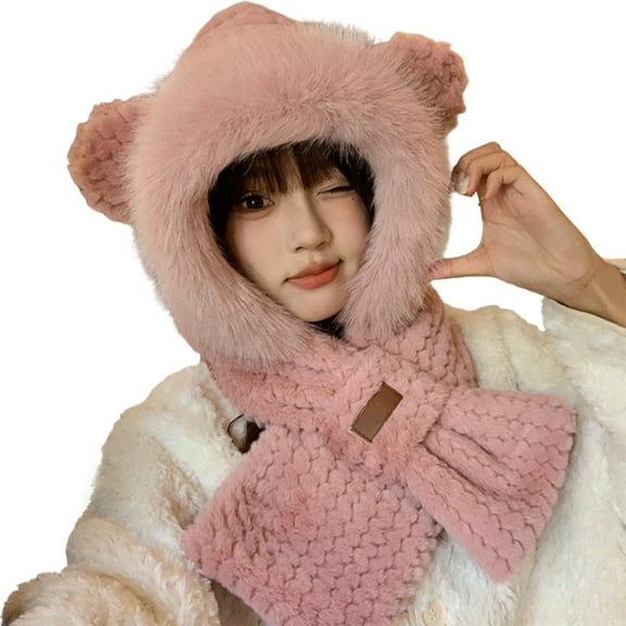 CUZIBR Winter Beanie Scarf Hat Set Plush Thermal Lovely Animal Pattern Character Skull Caps With Mask Scarf Earflap Soft Festival Fuzzy Cute Long Ears Hat,Light Pink2,One Size