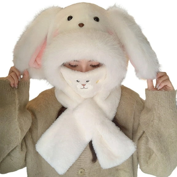 CUZIBR Winter Beanie Set Plush Thermal Lovely Animal Pattern Character Skull Caps With Mask Scarf Earflap Soft Festival Fuzzy Cute Long Ears Hat,Light Gray1,One Size