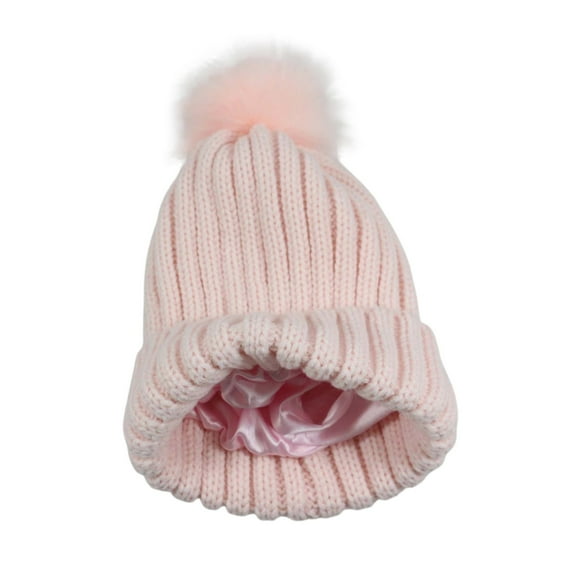 CUZIBR Winter Beanie Set Thickened Ribbed Knit Satin Hat Classic Fashionable Pom Pom Beanies Cap Soft Cozy Thermal Lined Stylish Skull Cap,Pink,One Size