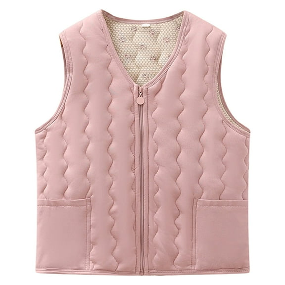 CUZIBR Winter Coats For Women Elegant Quilted Sleeveless Jacket Thermal Wool Lined Floral Print Zipper Up V-Neck Outerwear Vest Casual Sweater Clothes Trendy Outfits,Pink,Xxl