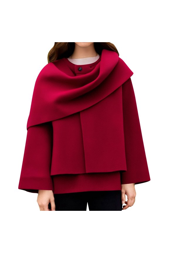 Winter Coats For Women Solid Color Short Knitted Coat Asymmetrical Scarf Jacket Button Long Sleeve Oversized Loose Fit Windproof Outwear Winter Clothing Dressy Casual Soft,Red,S