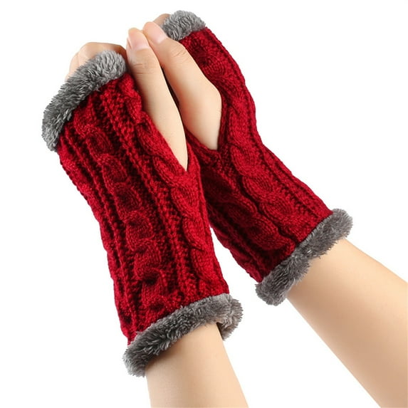 CUZIBR Winter Gloves Arm Sleeves Knitted Plush Trim Fingerless Glove Handmade Crochet Mittens Warm Soft Outdoor Cold Weather For Unisex
