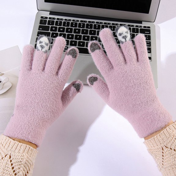 CUZIBR Winter Gloves Cute Panda Finger Cartoon Pattern Fuzzy Lined Knitted Touchscreen Thermal Mittens Windproof Outdoor Cold Weather For Unisex