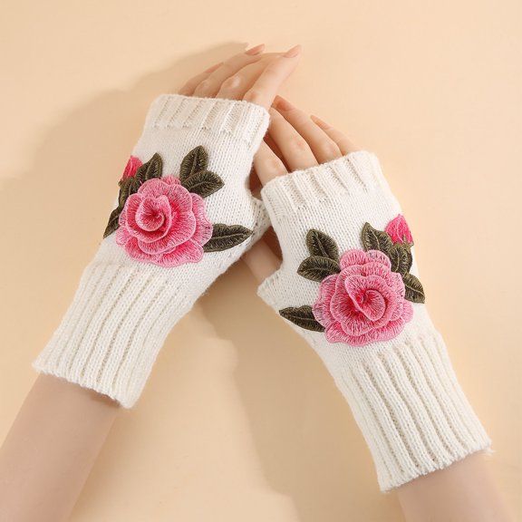 CUZIBR Winter Gloves Women Arm Sleeves Knitted Floral Embroidery Fingerless Glove Handmade Crochet Mittens Warm Soft For Running Driving Hiking