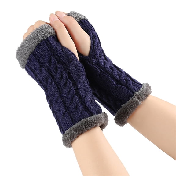 CUZIBR Winter Gloves Women Arm Sleeves Knitted Plush Trim Fingerless Glove Handmade Crochet Mittens Warm Soft For Running Driving Hiking