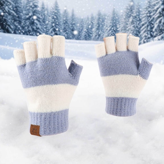 CUZIBR Winter Gloves Women Knitted Fingerless Thermal Mittens Half Finger Warm Touchscreen Color Block Gloves For Cold Weather