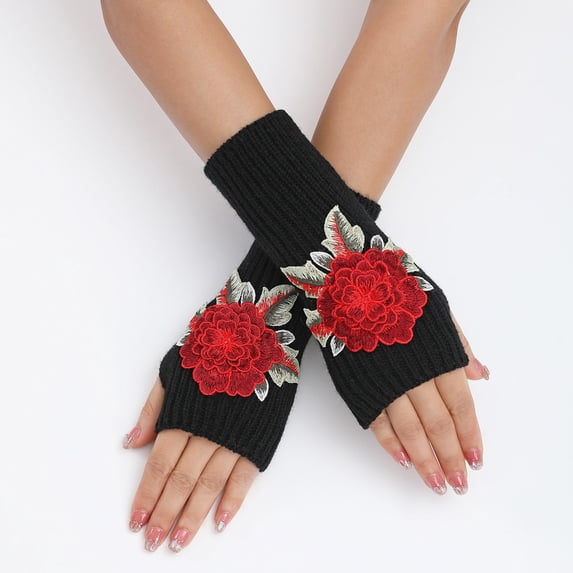 CUZIBR Winter Gloves Women Ladies Warm Solid Color Knit Fingerless Gloves Mittens Fashion Flowers Striped Open Fingers For Running Driving Hiking
