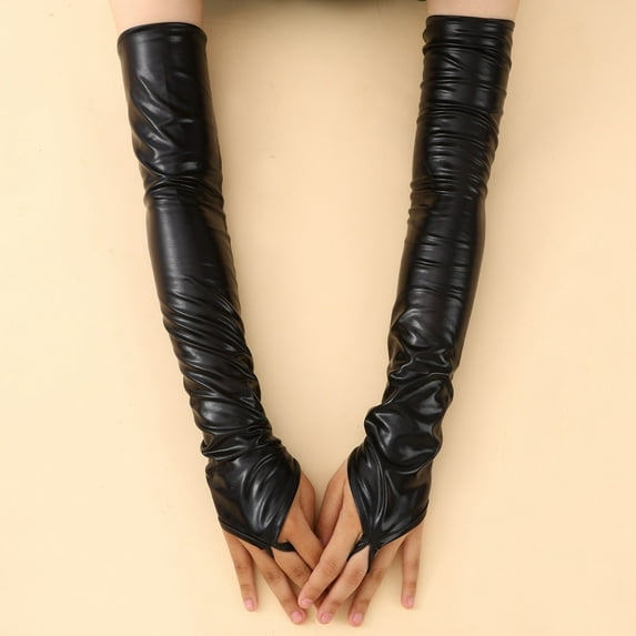CUZIBR Winter Gloves Women Solid Color Leather Fingerless Long Glove Wedding Party Performance Opera Evening Dress For Cold Weather