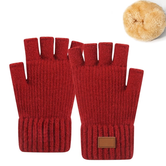 CUZIBR Winter Gloves Women Thermal Half Finger Knitted Fingerless Texting Wool Gloves Mitten Working Warm For Cold Weather