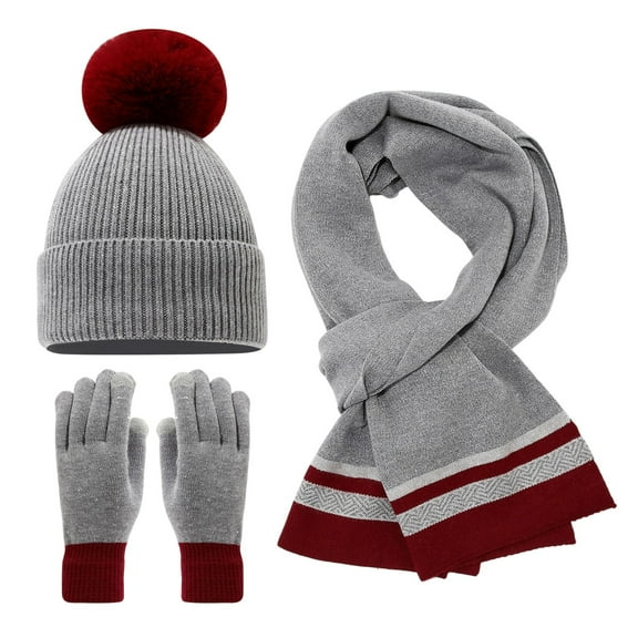 CUZIBR Winter Hat Set 3 Piece Knitted Hat Gloves Scarf Suit Thick Wool Color Block Scarves Knit Pom Pom Skull Caps Gloves Sets Thermal Skiing Outfits,Grey,One Size