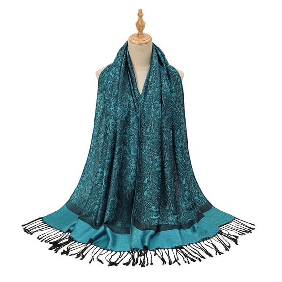 CUZIBR Winter Hat Set Oversized Shawl Wraps Long Tassel Cashew Jacquard Scarf For Women Casual Wedding Festival Evening Dresses Scarves,Navy,One Size